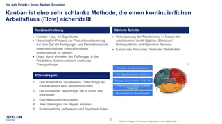 27
Das agile Projekt – Scrum, Kanban, Scrumban
Kanban ist eine sehr schlanke Methode, die einen kontinuierlichen
Arbeitsfluss (Flow) sicherstellt.
 Kanban = jap. für Signalkarte
 Ursprünglich Prozess zur Produktionssteuerung
mit dem Ziel die Fertigungs- und Produktionsstufe
einer mehrstufigen Integrationskette
kostenoptimal zu steuern
 Urspr. durch Verteilen der Pufferlager in die
Produktion, Kommunikation und kurze
Transportwege
Kurzbeschreibung
1. Den Arbeitsfluss visualisieren (Teilaufträge an
Kanban-Wand zeiht Arbeitsfortschritt)
2. Die Anzahl der Teilaufträge, die in Arbeit sind,
begrenzen
3. Durchlaufzeiten reduzieren
4. Allen Beteiligten die Regeln erklären
5. Kontinuierliche verbessern und Feedback holen
5 Grundregeln
 Verbesserung der Arbeitsweise (= Kaizen der
Arbeitsweise) durch tägliche „Standups“,
Retrospektiven und Operation Reviews
 Kaizen des Produktes: Tests der Stakeholder
Nächste Schritte
Source: M. Foegen, C. Kaczmarek: Organisation in einer digitalen Zeit
 