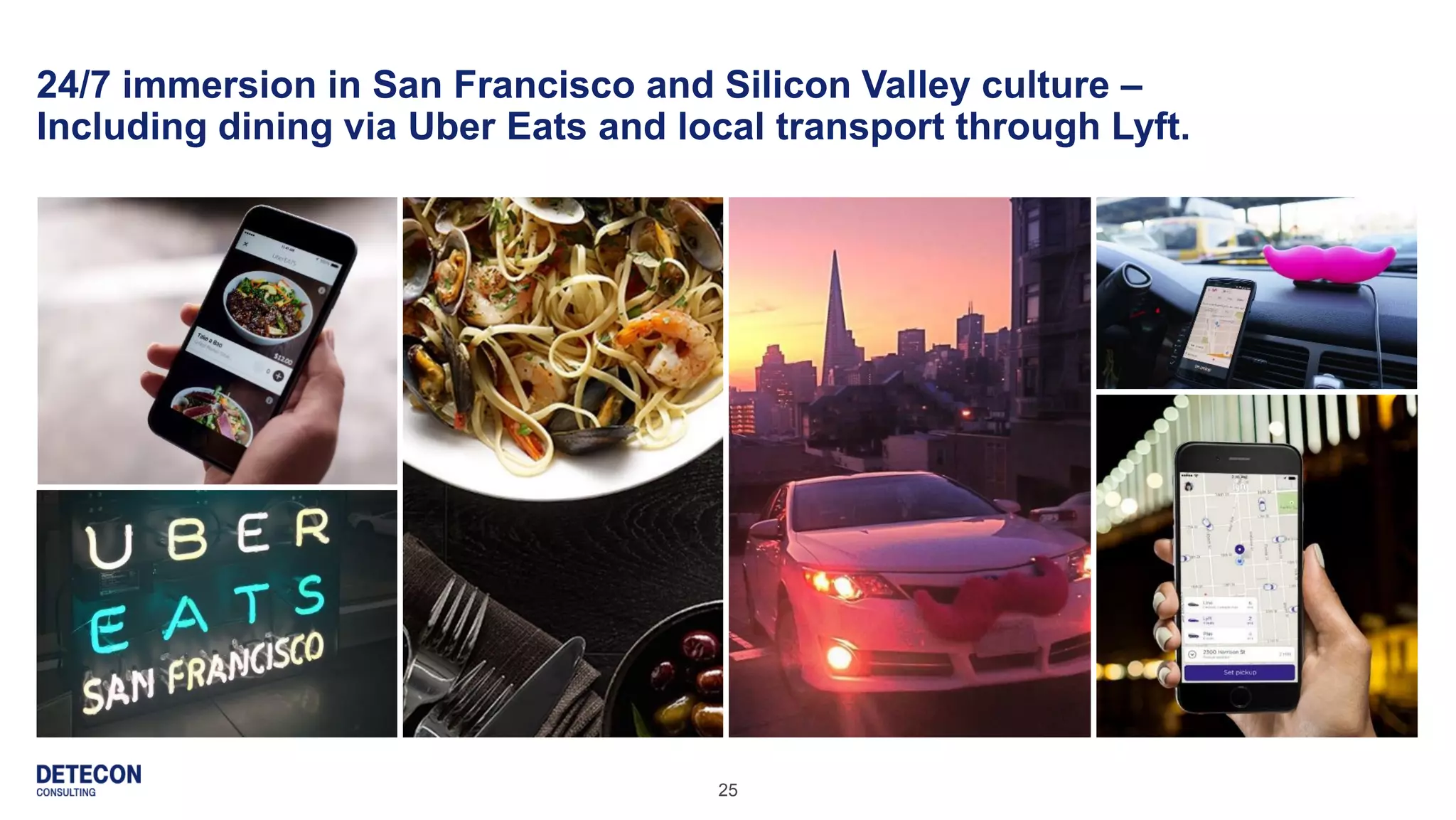 25
24/7 immersion in San Francisco and Silicon Valley culture –
Including dining via Uber Eats and local transport through Lyft.
 