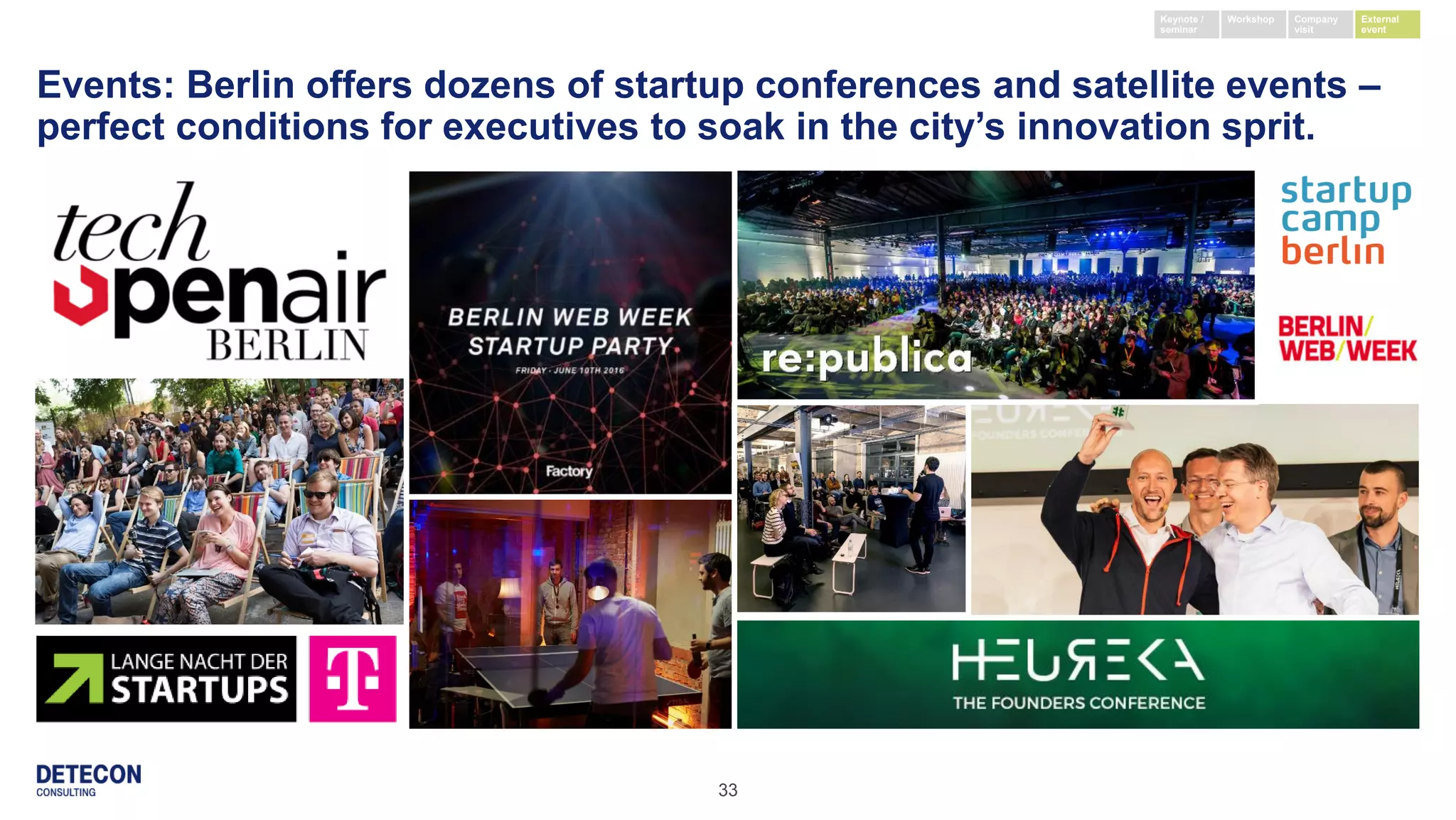 33
Events: Berlin offers dozens of startup conferences and satellite events –
perfect conditions for executives to soak in the city’s innovation sprit.
Keynote /
seminar
External
event
Company
visit
Workshop
 