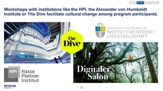 29
Workshops with institutions like the HPI, the Alexander von Humboldt
Institute or The Dive facilitate cultural change among program participants.
Keynote /
seminar
External
event
Company
visit
Workshop
 