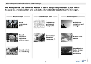 Praxisvortrag Detecon: Entwicklungen und ihre Auswirkungen


Die K
Di Komplexität, und damit die Kosten i d IT steigen exponentiell d
          l ität   d d it di K t in der IT, t i              ti ll durch i
                                                                       h immer
kürzere Innovationszyklen und sich schnell wandelnde Geschäftsanforderungen.


           Entwicklungen                             Auswirkungen auf IT         Handlungsdruck



                     Kurze                                       Exponentiell           Komplexität
                     Innovations-                                ansteigende            reduzieren und
                     Zyklen                                      Komplexität            managen




                     Schnell
                                                                 Exponentiell
                     wandelnde                                                          Kosten der IT
                                                                 steigende
                     Geschäfts-                                                         senken
                                                                 Kosten der IT
                     anforderungen




                                                                                        Neue Möglich-
                     Neueste private                                                    keiten für das
                                                                                        k it fü d
                     IT-Ausstattung                                                     Geschäft
                                                                                        erschließen




                                                                                                         © Detecon
                                                             – 20 –
 