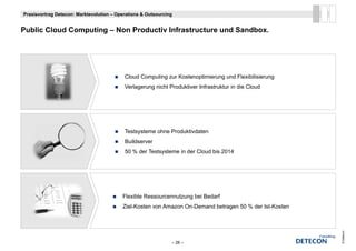 Praxisvortrag Detecon: Marktevolution – Operations & Outsourcing


P bli Cloud Computing – N P d ti Infrastructure und Sandbox.
Public Cl d C    ti     Non Productiv I f t t     d S db




                                           Cloud Computing zur Kostenoptimierung und Flexibilisierung
                                           Verlagerung nicht Produktiver Infrastruktur in die Cloud




                                           Testsysteme ohne Produktivdaten
                                           Buildserver
                                           50 % der Testsysteme in der Cloud bis 2014




                                          Flexible Ressourcennutzung b i B d f
                                          Fl ibl R             t     bei Bedarf
                                          Ziel-Kosten von Amazon On-Demand betragen 50 % der Ist-Kosten




                                                                                                          © Detecon
                                                               – 26 –
 