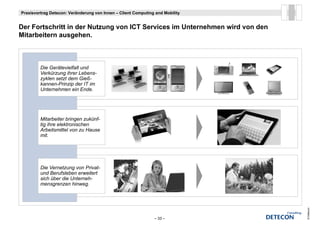 Praxisvortrag Detecon: Veränderung von Innen – Client Computing and Mobility


Der Fortschritt i d N t
D F t h itt in der Nutzung von ICT Services im Unternehmen wird von den
                                   S   i    i U t     h     id      d
Mitarbeitern ausgehen.



         Die Gerätevielfalt und
         Verkürzung ihrer Lebens-
                   g
         zyklen setzt dem Gieß-
         kannen-Prinzip der IT im
         Unternehmen ein Ende.




         Mitarbeiter bringen zukünf-
         tig ihre elektronischen
         Arbeitsmittel von zu Hause
         mit.




         Die Vernetzung von Privat-
         und Berufsleben erweitert
         sich über die Unterneh-
         mensgrenzen hinweg.




                                                                               © Detecon
                                                               – 33 –
 