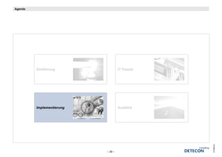 Agenda




         Einführung                 IT Trends




         Implementierung            Ausblick




                                                © Detecon
                           – 39 –
 