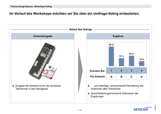 Praxisvortrag Detecon: Workshop-Voting


Im V l f d W k h
I Verlauf des Workshops möchten wir Sie über ein Umfrage-Voting einbeziehen.
                         ö ht    i Si üb      i U f      V ti    i b i h



                                              Ablauf des Votings

                    Antworteingabe                                                  Ergebnis


                                                                              50 %



                                                                                                25 %
                                                                                        15 %
                                                                                                         10 %




                                                              Drücken Sie:      1        2       3        4

                                                              Für A t
                                                              Fü Antwort:
                                                                       t        A        B       C        D


    Eingabe der Antwort durch die einzelnen                      und sofortige, anonymisierte Darstellung der
    Teilnehmer in das Handgerät                                Antworten aller Teilnehmer
                                                               Anschließend gemeinsame Diskussion der
                                                               Ergebnisse




                                                                                                                © Detecon
                                                     –4–
 