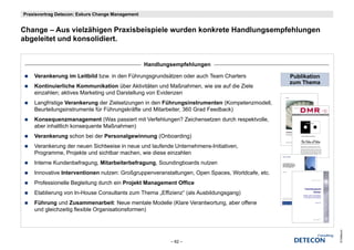 Praxisvortrag Detecon: Exkurs Change Management


Change – A vielzähigen P
Ch        Aus i l ähi     Praxisbeispiele wurden k k t H dl
                              i b i i l      d konkrete Handlungsempfehlungen
                                                                    f hl
abgeleitet und konsolidiert.


                                                  Handlungsempfehlungen

    Verankerung im Leitbild bzw. in den Führungsgrundsätzen oder auch Team Charters              Publikation
                                                                                                 zum Thema
    Kontinuierliche Kommunikation über Aktivitäten und Maßnahmen, wie sie auf die Ziele
    einzahlen; aktives Marketing und Darstellung von Evidenzen
    Langfristige Verankerung der Zielsetzungen in den Führungsinstrumenten (Kompetenzmodell,
    Beurteilungsinstrumente für Führungskräfte und Mitarbeiter, 360 Grad Feedback)
    Konsequenzmanagement (Was passiert mit Verfehlungen? Zeichensetzen durch respektvolle,
    aber inhaltlich konsequente Maßnahmen)
    Verankerung schon bei der Personalgewinnung (Onboarding)
              g                       g       g(          g)
    Verankerung der neuen Sichtweise in neue und laufende Unternehmens-Initiativen,
    Programme, Projekte und sichtbar machen, wie diese einzahlen
    Interne Kundenbefragung, Mitarbeiterbefragung, Soundingboards nutzen
    Innovative Interventionen nutzen: Großgruppenveranstaltungen, Open Spaces, Worldcafe, etc.
    Professionelle Begleitung durch ein Projekt Management Office
    Etablierung von In-House Consultants zum Thema „Effizienz (als Ausbildungsgang)
                    In House                       „Effizienz“
    Führung und Zusammenarbeit: Neue mentale Modelle (Klare Verantwortung, aber offene
    und gleichzeitig flexible Organisationsformen)




                                                                                                               © Detecon
                                                          – 62 –
 
