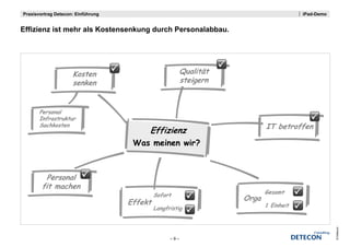 Praxisvortrag Detecon: Einführung                                                   iPad-Demo


Effizienz i t mehr als K t
Effi i    ist   h l Kostensenkung durch P
                             k    d   h Personalabbau.
                                               l bb




                     Kosten                           Qualität
                     senken                           steigern



       Personal
              l
       Infrastruktur
       Sachkosten                                                       IT betroffen

                                     Was meinen wir?



         Personal
        fit machen
                                             Sofort                     Gesamt
                                                                 Orga
                                    Effekt                              1 Einheit
                                             Langfristig




                                                                                                © Detecon
                                                   –9–
 