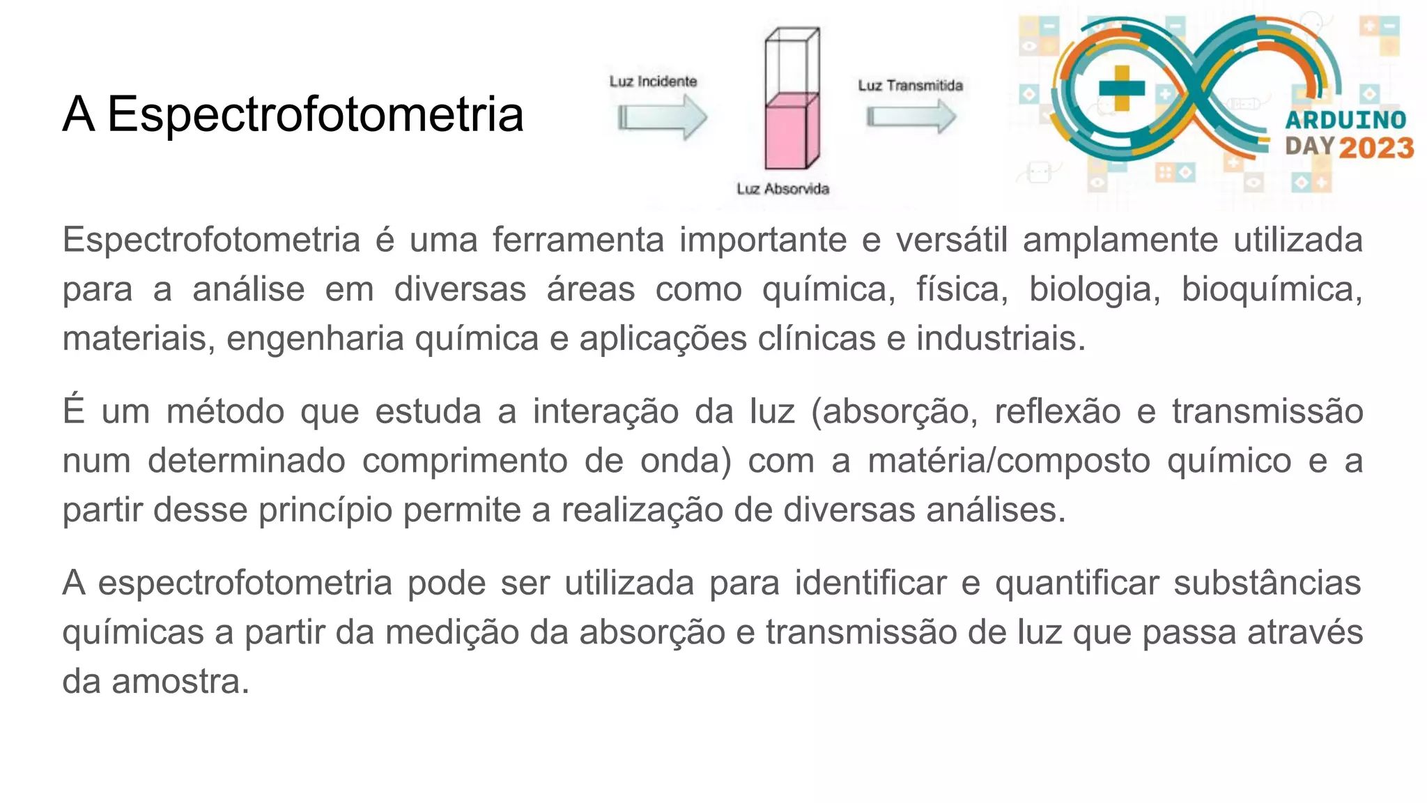 A Espectrofotometria Espectrofotometria é uma ferramenta importante e versátil amplamente utilizada para a análise em diversas áreas como química, física, biologia, bioquímica, materiais, engenharia química e aplicações clínicas e industriais. É um método que estuda a interação da luz (absorção, reflexão e transmissão num determinado comprimento de onda) com a matéria/composto químico e a partir desse princípio permite a realização de diversas análises. A espectrofotometria pode ser utilizada para identificar e quantificar substâncias químicas a partir da medição da absorção e transmissão de luz que passa através da amostra. 