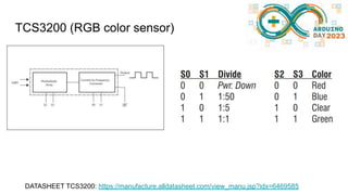 TCS3200 (RGB color sensor)
DATASHEET TCS3200: https://manufacture.alldatasheet.com/view_manu.jsp?idx=6469585
 