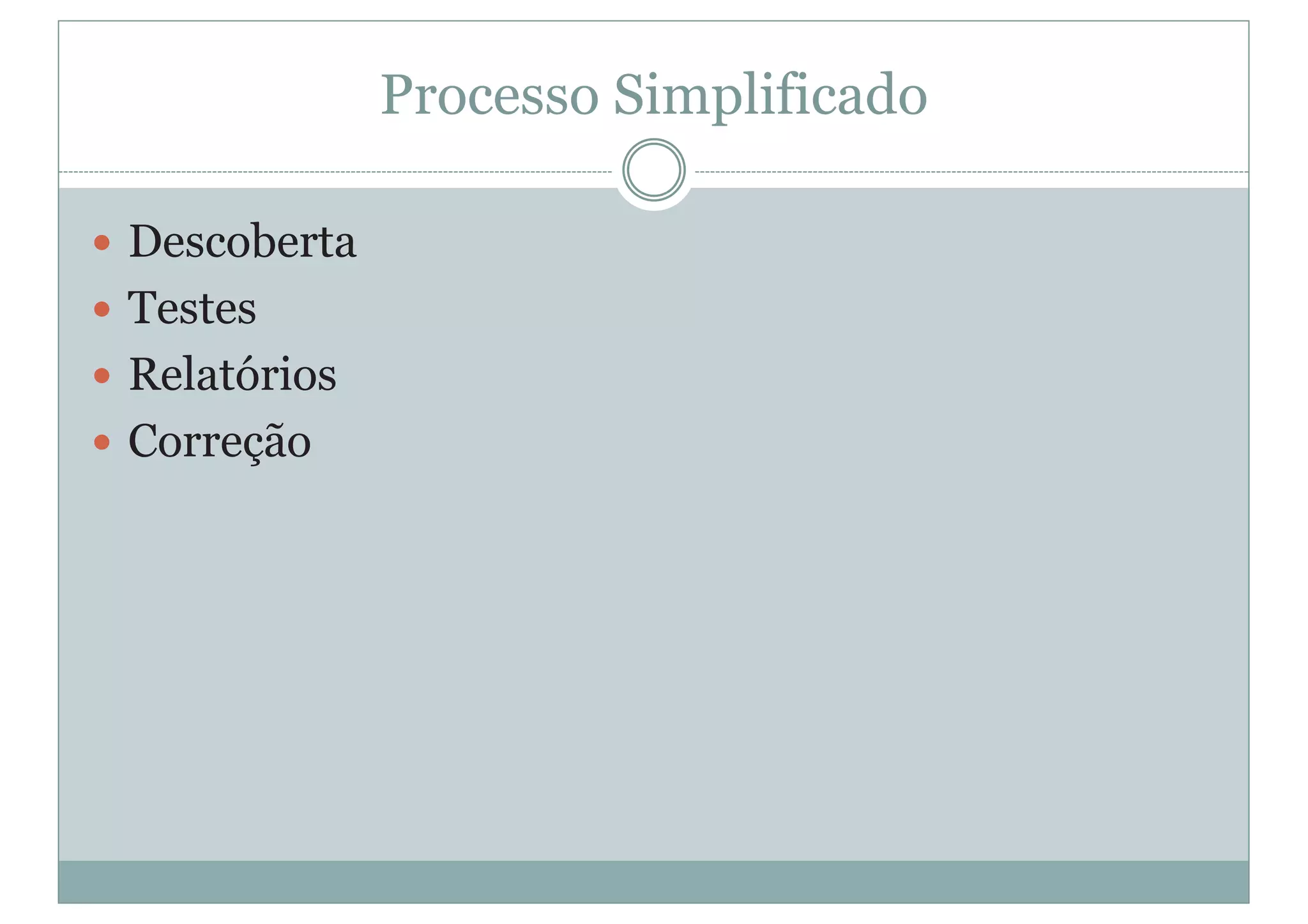 Processo Simplificado
y Descoberta
y Testes
y Relatórios
y Correção
 