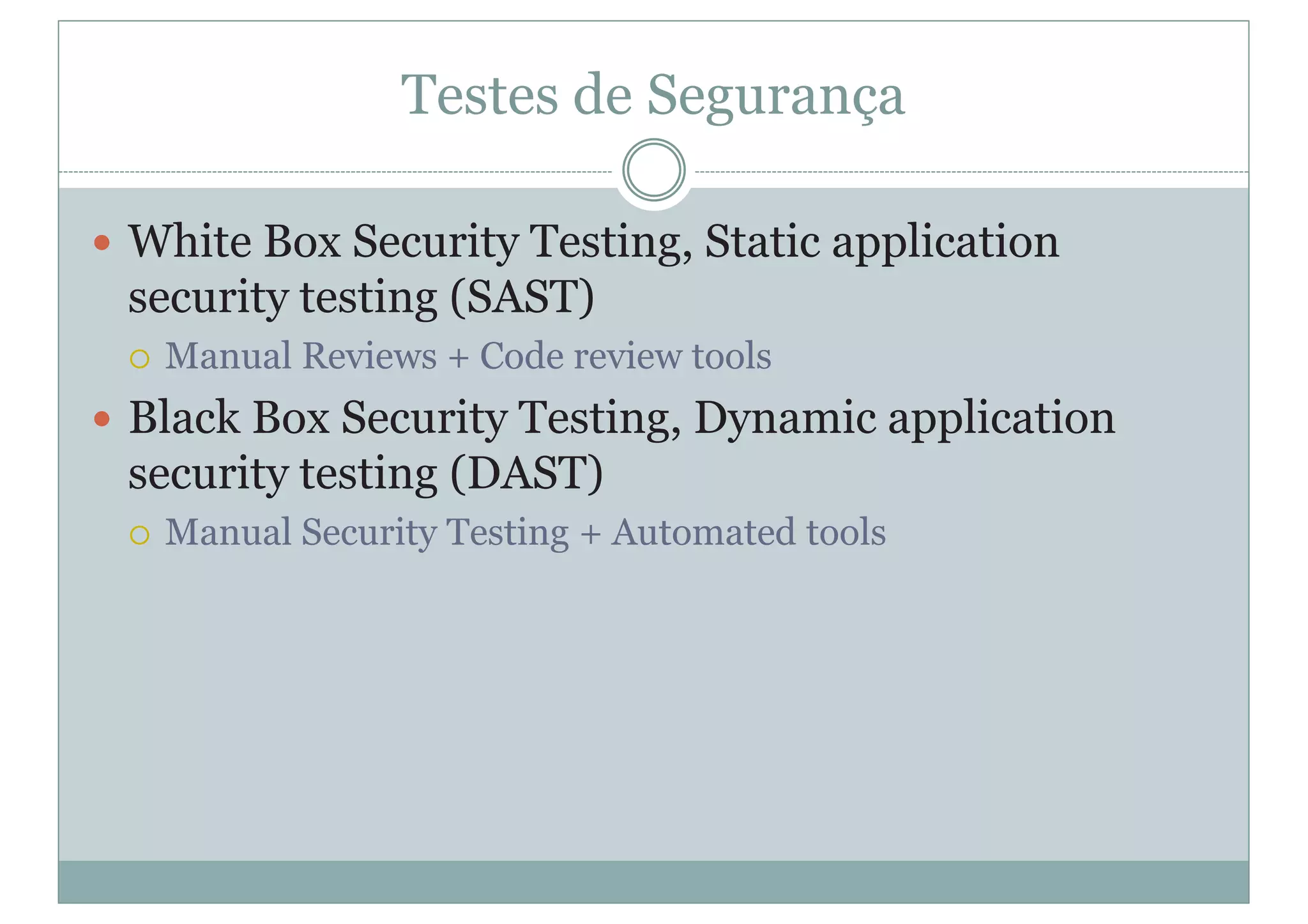 Testes de Segurança
y White Box Security Testing, Static application
security testing (SAST)
{ Manual Reviews + Code review tools
y Black Box Security Testing, Dynamic application
security testing (DAST)
{ Manual Security Testing + Automated tools
 