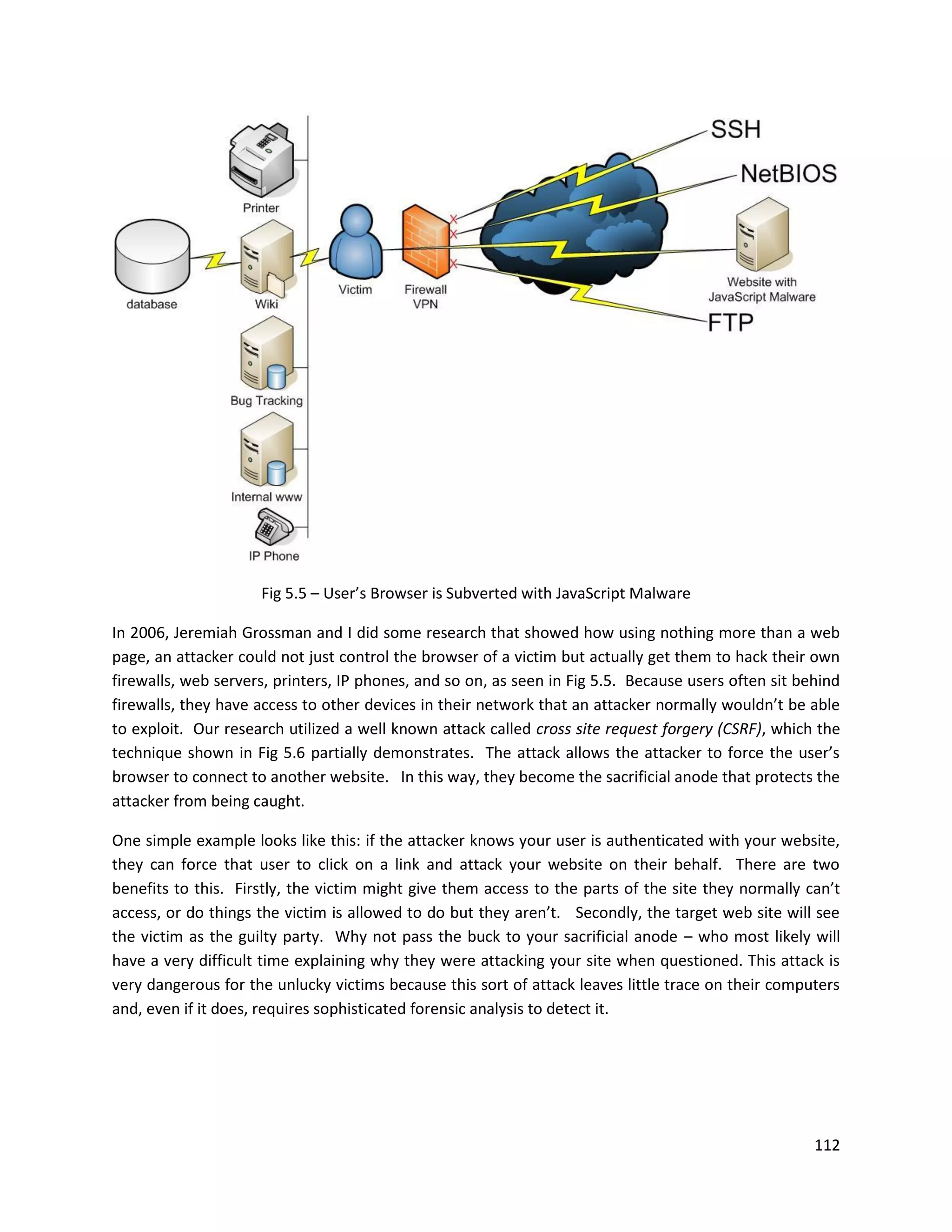 Fig 5.5 – User’s Browser is Subverted with JavaScript Malware

In 2006, Jeremiah Grossman and I did some research that showed how using nothing more than a web
page, an attacker could not just control the browser of a victim but actually get them to hack their own
firewalls, web servers, printers, IP phones, and so on, as seen in Fig 5.5. Because users often sit behind
firewalls, they have access to other devices in their network that an attacker normally wouldn’t be able
to exploit. Our research utilized a well known attack called cross site request forgery (CSRF), which the
technique shown in Fig 5.6 partially demonstrates. The attack allows the attacker to force the user’s
browser to connect to another website. In this way, they become the sacrificial anode that protects the
attacker from being caught.

One simple example looks like this: if the attacker knows your user is authenticated with your website,
they can force that user to click on a link and attack your website on their behalf. There are two
benefits to this. Firstly, the victim might give them access to the parts of the site they normally can’t
access, or do things the victim is allowed to do but they aren’t. Secondly, the target web site will see
the victim as the guilty party. Why not pass the buck to your sacrificial anode – who most likely will
have a very difficult time explaining why they were attacking your site when questioned. This attack is
very dangerous for the unlucky victims because this sort of attack leaves little trace on their computers
and, even if it does, requires sophisticated forensic analysis to detect it.




                                                                                                      112
 
