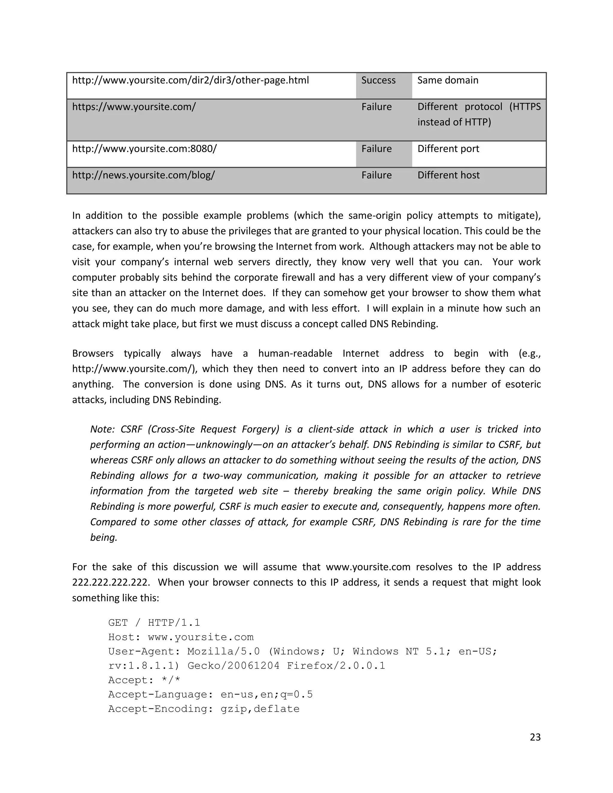 http://www.yoursite.com/dir2/dir3/other-page.html                 Success      Same domain

https://www.yoursite.com/                                         Failure      Different protocol (HTTPS
                                                                               instead of HTTP)

http://www.yoursite.com:8080/                                     Failure      Different port

http://news.yoursite.com/blog/                                    Failure      Different host


In addition to the possible example problems (which the same-origin policy attempts to mitigate),
attackers can also try to abuse the privileges that are granted to your physical location. This could be the
case, for example, when you’re browsing the Internet from work. Although attackers may not be able to
visit your company’s internal web servers directly, they know very well that you can. Your work
computer probably sits behind the corporate firewall and has a very different view of your company’s
site than an attacker on the Internet does. If they can somehow get your browser to show them what
you see, they can do much more damage, and with less effort. I will explain in a minute how such an
attack might take place, but first we must discuss a concept called DNS Rebinding.

Browsers typically always have a human-readable Internet address to begin with (e.g.,
http://www.yoursite.com/), which they then need to convert into an IP address before they can do
anything. The conversion is done using DNS. As it turns out, DNS allows for a number of esoteric
attacks, including DNS Rebinding.

    Note: CSRF (Cross-Site Request Forgery) is a client-side attack in which a user is tricked into
    performing an action—unknowingly—on an attacker’s behalf. DNS Rebinding is similar to CSRF, but
    whereas CSRF only allows an attacker to do something without seeing the results of the action, DNS
    Rebinding allows for a two-way communication, making it possible for an attacker to retrieve
    information from the targeted web site – thereby breaking the same origin policy. While DNS
    Rebinding is more powerful, CSRF is much easier to execute and, consequently, happens more often.
    Compared to some other classes of attack, for example CSRF, DNS Rebinding is rare for the time
    being.

For the sake of this discussion we will assume that www.yoursite.com resolves to the IP address
222.222.222.222. When your browser connects to this IP address, it sends a request that might look
something like this:

        GET / HTTP/1.1
        Host: www.yoursite.com
        User-Agent: Mozilla/5.0 (Windows; U; Windows NT 5.1; en-US;
        rv:1.8.1.1) Gecko/20061204 Firefox/2.0.0.1
        Accept: */*
        Accept-Language: en-us,en;q=0.5
        Accept-Encoding: gzip,deflate

                                                                                                         23
 