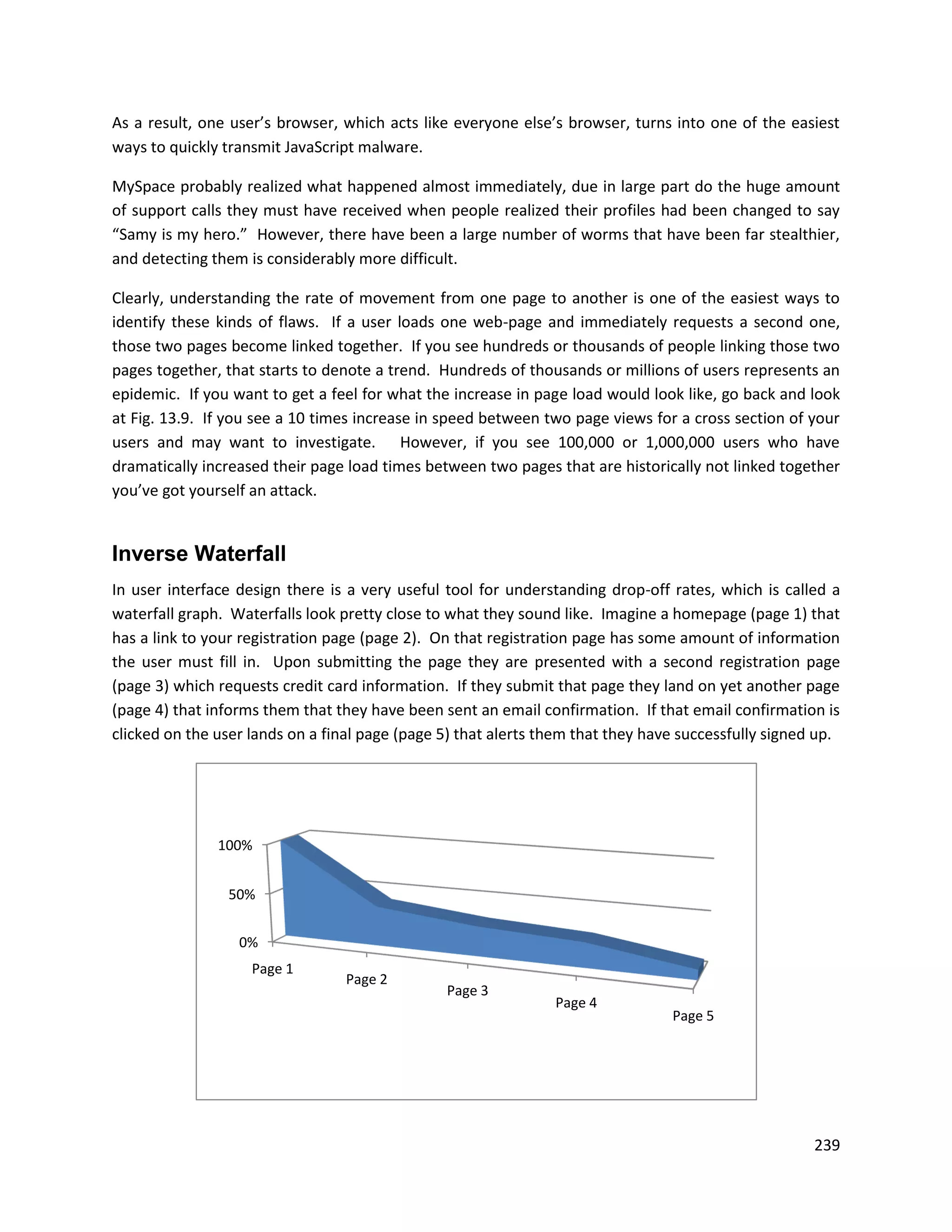 As a result, one user’s browser, which acts like everyone else’s browser, turns into one of the easiest
ways to quickly transmit JavaScript malware.

MySpace probably realized what happened almost immediately, due in large part do the huge amount
of support calls they must have received when people realized their profiles had been changed to say
“Samy is my hero.” However, there have been a large number of worms that have been far stealthier,
and detecting them is considerably more difficult.

Clearly, understanding the rate of movement from one page to another is one of the easiest ways to
identify these kinds of flaws. If a user loads one web-page and immediately requests a second one,
those two pages become linked together. If you see hundreds or thousands of people linking those two
pages together, that starts to denote a trend. Hundreds of thousands or millions of users represents an
epidemic. If you want to get a feel for what the increase in page load would look like, go back and look
at Fig. 13.9. If you see a 10 times increase in speed between two page views for a cross section of your
users and may want to investigate. However, if you see 100,000 or 1,000,000 users who have
dramatically increased their page load times between two pages that are historically not linked together
you’ve got yourself an attack.


Inverse Waterfall
In user interface design there is a very useful tool for understanding drop-off rates, which is called a
waterfall graph. Waterfalls look pretty close to what they sound like. Imagine a homepage (page 1) that
has a link to your registration page (page 2). On that registration page has some amount of information
the user must fill in. Upon submitting the page they are presented with a second registration page
(page 3) which requests credit card information. If they submit that page they land on yet another page
(page 4) that informs them that they have been sent an email confirmation. If that email confirmation is
clicked on the user lands on a final page (page 5) that alerts them that they have successfully signed up.




               100%


                50%


                  0%
                    Page 1
                                  Page 2
                                                Page 3
                                                                Page 4
                                                                                 Page 5




                                                                                                      239
 