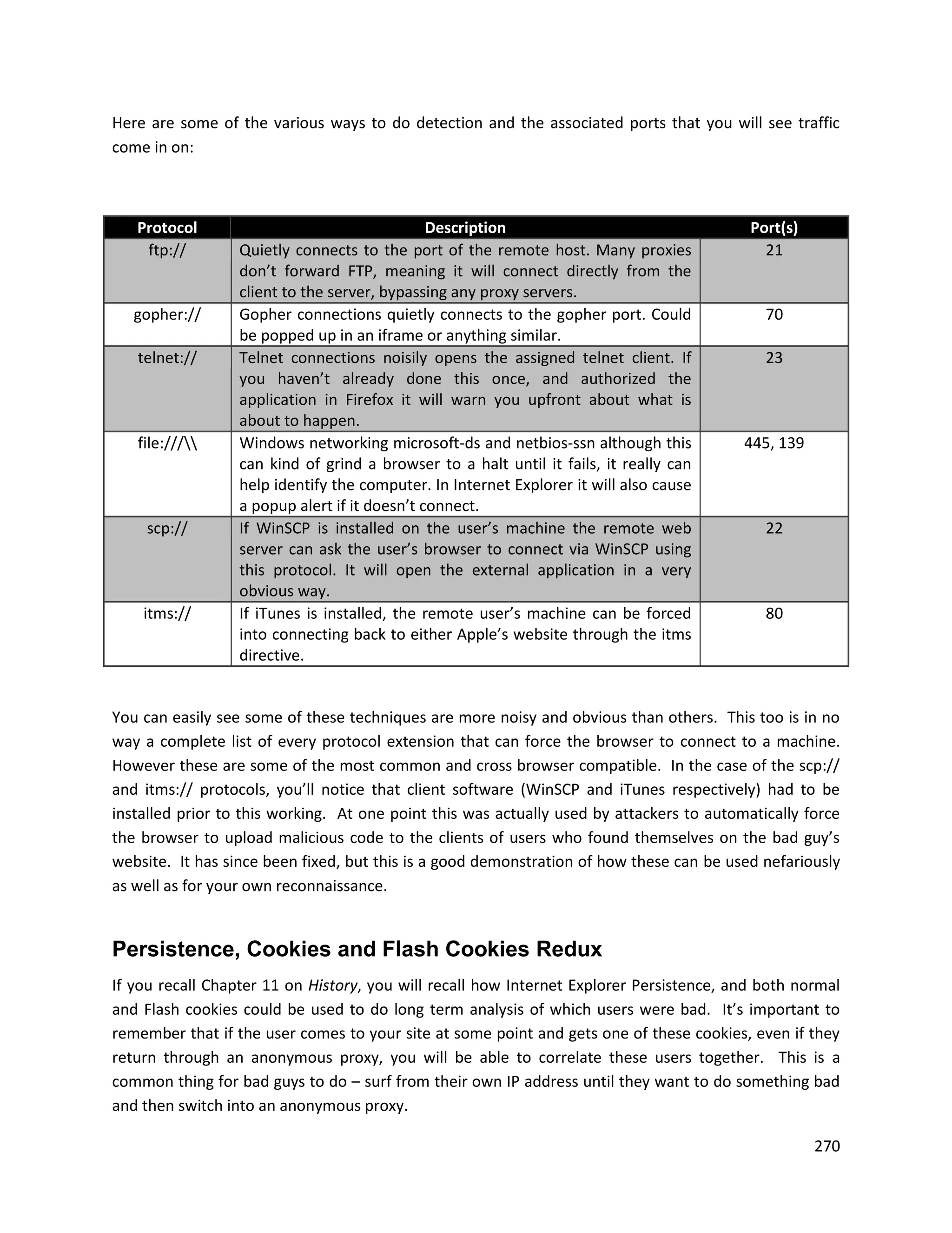Here are some of the various ways to do detection and the associated ports that you will see traffic
come in on:



   Protocol                                    Description                                 Port(s)
    ftp://        Quietly connects to the port of the remote host. Many proxies              21
                  don’t forward FTP, meaning it will connect directly from the
                  client to the server, bypassing any proxy servers.
   gopher://      Gopher connections quietly connects to the gopher port. Could              70
                  be popped up in an iframe or anything similar.
   telnet://      Telnet connections noisily opens the assigned telnet client. If            23
                  you haven’t already done this once, and authorized the
                  application in Firefox it will warn you upfront about what is
                  about to happen.
   file:///     Windows networking microsoft-ds and netbios-ssn although this           445, 139
                  can kind of grind a browser to a halt until it fails, it really can
                  help identify the computer. In Internet Explorer it will also cause
                  a popup alert if it doesn’t connect.
    scp://        If WinSCP is installed on the user’s machine the remote web                22
                  server can ask the user’s browser to connect via WinSCP using
                  this protocol. It will open the external application in a very
                  obvious way.
    itms://       If iTunes is installed, the remote user’s machine can be forced            80
                  into connecting back to either Apple’s website through the itms
                  directive.


You can easily see some of these techniques are more noisy and obvious than others. This too is in no
way a complete list of every protocol extension that can force the browser to connect to a machine.
However these are some of the most common and cross browser compatible. In the case of the scp://
and itms:// protocols, you’ll notice that client software (WinSCP and iTunes respectively) had to be
installed prior to this working. At one point this was actually used by attackers to automatically force
the browser to upload malicious code to the clients of users who found themselves on the bad guy’s
website. It has since been fixed, but this is a good demonstration of how these can be used nefariously
as well as for your own reconnaissance.


Persistence, Cookies and Flash Cookies Redux
If you recall Chapter 11 on History, you will recall how Internet Explorer Persistence, and both normal
and Flash cookies could be used to do long term analysis of which users were bad. It’s important to
remember that if the user comes to your site at some point and gets one of these cookies, even if they
return through an anonymous proxy, you will be able to correlate these users together. This is a
common thing for bad guys to do – surf from their own IP address until they want to do something bad
and then switch into an anonymous proxy.

                                                                                                     270
 