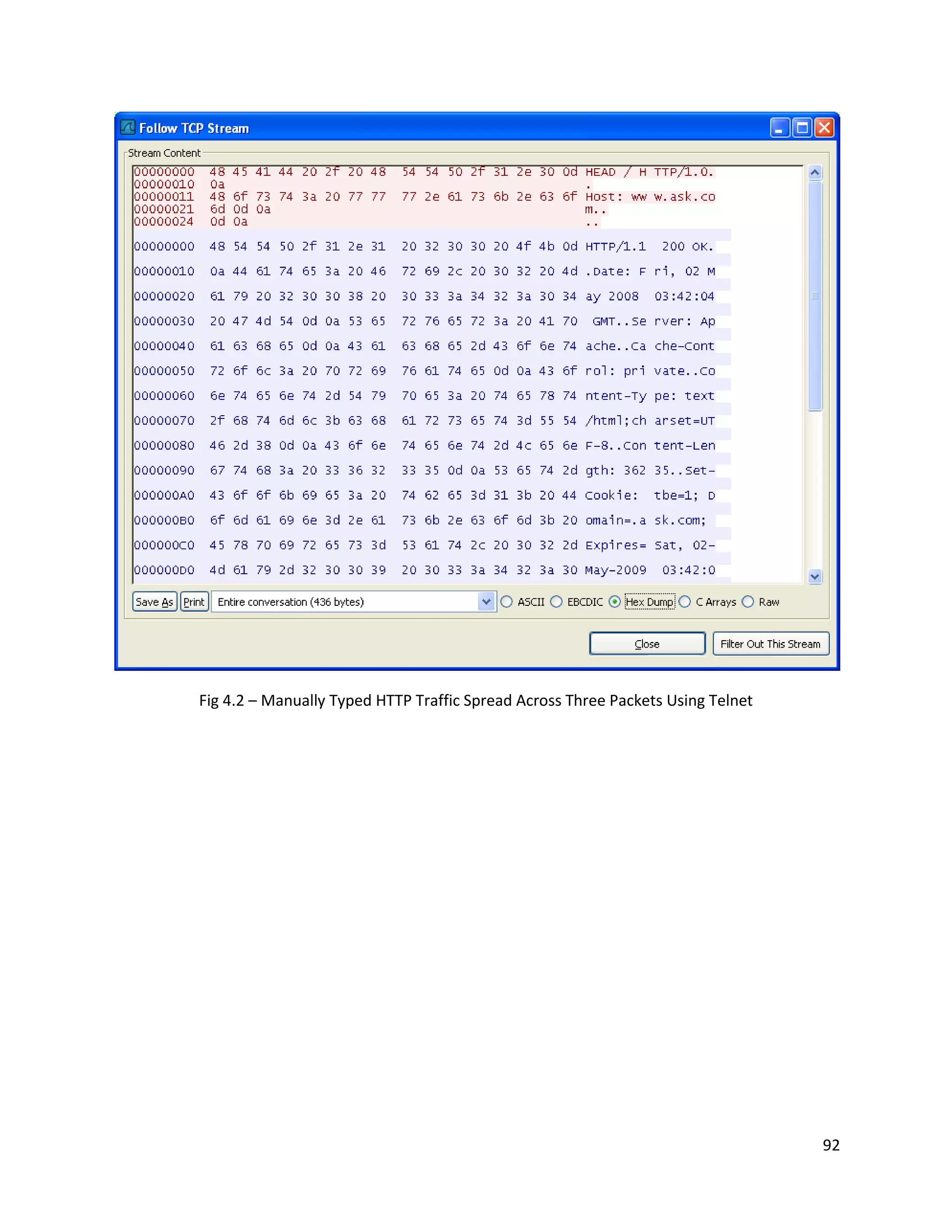 Fig 4.2 – Manually Typed HTTP Traffic Spread Across Three Packets Using Telnet




                                                                                 92
 