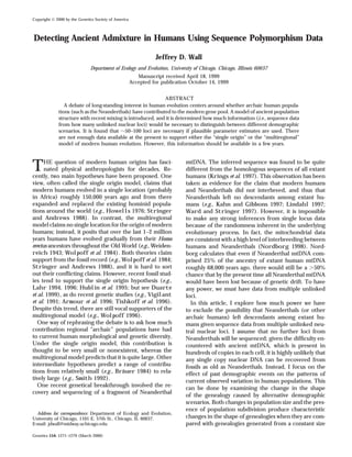 Copyright © 2000 by the Genetics Society of America



Detecting Ancient Admixture in Humans Using Sequence Polymorphism Data

                                                                Jeffrey D. Wall
                              Department of Ecology and Evolution, University of Chicago, Chicago, Illinois 60637
                                                         Manuscript received April 18, 1999
                                                      Accepted for publication October 14, 1999


                                                            ABSTRACT
                A debate of long-standing interest in human evolution centers around whether archaic human popula-
             tions (such as the Neanderthals) have contributed to the modern gene pool. A model of ancient population
             structure with recent mixing is introduced, and it is determined how much information (i.e., sequence data
             from how many unlinked nuclear loci) would be necessary to distinguish between different demographic
             scenarios. It is found that 50–100 loci are necessary if plausible parameter estimates are used. There
             are not enough data available at the present to support either the “single origin” or the “multiregional”
             model of modern human evolution. However, this information should be available in a few years.



T     HE question of modern human origins has fasci-
      nated physical anthropologists for decades. Re-
cently, two main hypotheses have been proposed. One
                                                                             mtDNA. The inferred sequence was found to be quite
                                                                             different from the homologous sequences of all extant
                                                                             humans (Krings et al. 1997). This observation has been
view, often called the single origin model, claims that                      taken as evidence for the claim that modern humans
modern humans evolved in a single location (probably                         and Neanderthals did not interbreed, and thus that
in Africa) roughly 150,000 years ago and from there                          Neanderthals left no descendants among extant hu-
expanded and replaced the existing hominid popula-                           mans (e.g., Kahn and Gibbons 1997; Lindahl 1997;
tions around the world (e.g., Howells 1976; Stringer                         Ward and Stringer 1997). However, it is impossible
and Andrews 1988). In contrast, the multiregional                            to make any strong inferences from single locus data
model claims no single location for the origin of modern                     because of the randomness inherent in the underlying
humans; instead, it posits that over the last 1–2 million                    evolutionary process. In fact, the mitochondrial data
years humans have evolved gradually from their Homo                          are consistent with a high level of interbreeding between
erectus ancestors throughout the Old World (e.g., Weiden-                    humans and Neanderthals (Nordborg 1998). Nord-
reich 1943; Wolpoff et al. 1984). Both theories claim                        borg calculates that even if Neanderthal mtDNA com-
support from the fossil record (e.g., Wolpoff et al. 1984;                   prised 25% of the ancestry of extant human mtDNA
Stringer and Andrews 1988), and it is hard to sort                           roughly 68,000 years ago, there would still be a 50%
out their conﬂicting claims. However, recent fossil stud-                    chance that by the present time all Neanderthal mtDNA
ies tend to support the single origin hypothesis (e.g.,                      would have been lost because of genetic drift. To have
Lahr 1994, 1996; Hublin et al. 1995; but see Duarte                          any power, we must have data from multiple unlinked
et al. 1999), as do recent genetic studies (e.g., Vigilant                   loci.
et al. 1991; Armour et al. 1996; Tishkoff et al. 1996).                        In this article, I explore how much power we have
Despite this trend, there are still vocal supporters of the                  to exclude the possibility that Neanderthals (or other
multiregional model (e.g., Wolpoff 1996).                                    archaic humans) left descendants among extant hu-
   One way of rephrasing the debate is to ask how much                       mans given sequence data from multiple unlinked neu-
contribution regional “archaic” populations have had                         tral nuclear loci. I assume that no further loci from
to current human morphological and genetic diversity.                        Neanderthals will be sequenced; given the difﬁculty en-
Under the single origin model, this contribution is                          countered with ancient mtDNA, which is present in
thought to be very small or nonexistent, whereas the                         hundreds of copies in each cell, it is highly unlikely that
multiregional model predicts that it is quite large. Other                   any single copy nuclear DNA can be recovered from
intermediate hypotheses predict a range of contribu-                         fossils as old as Neanderthals. Instead, I focus on the
tions from relatively small (e.g., Brauer 1984) to rela-
                                       ¨                                     effect of past demographic events on the patterns of
tively large (e.g., Smith 1992).                                             current observed variation in human populations. This
   One recent genetical breakthrough involved the re-                        can be done by examining the change in the shape
covery and sequencing of a fragment of Neanderthal
                                                                             of the genealogy caused by alternative demographic
                                                                             scenarios. Both changes in population size and the pres-
                                                                             ence of population subdivision produce characteristic
  Address for correspondence: Department of Ecology and Evolution,
University of Chicago, 1101 E. 57th St., Chicago, IL 60637.                  changes in the shape of genealogies when they are com-
E-mail: jdwall@midway.uchicago.edu                                           pared with genealogies generated from a constant size
Genetics 154: 1271–1279 (March 2000)
 