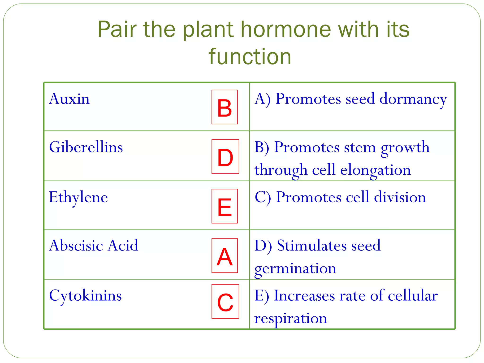 Pair the plant hormone with its function  B D E A C E) Increases rate of cellular respiration Cytokinins D) Stimulates seed germination Abscisic Acid C) Promotes cell division Ethylene B) Promotes stem growth through cell elongation Giberellins A) Promotes seed dormancy Auxin 