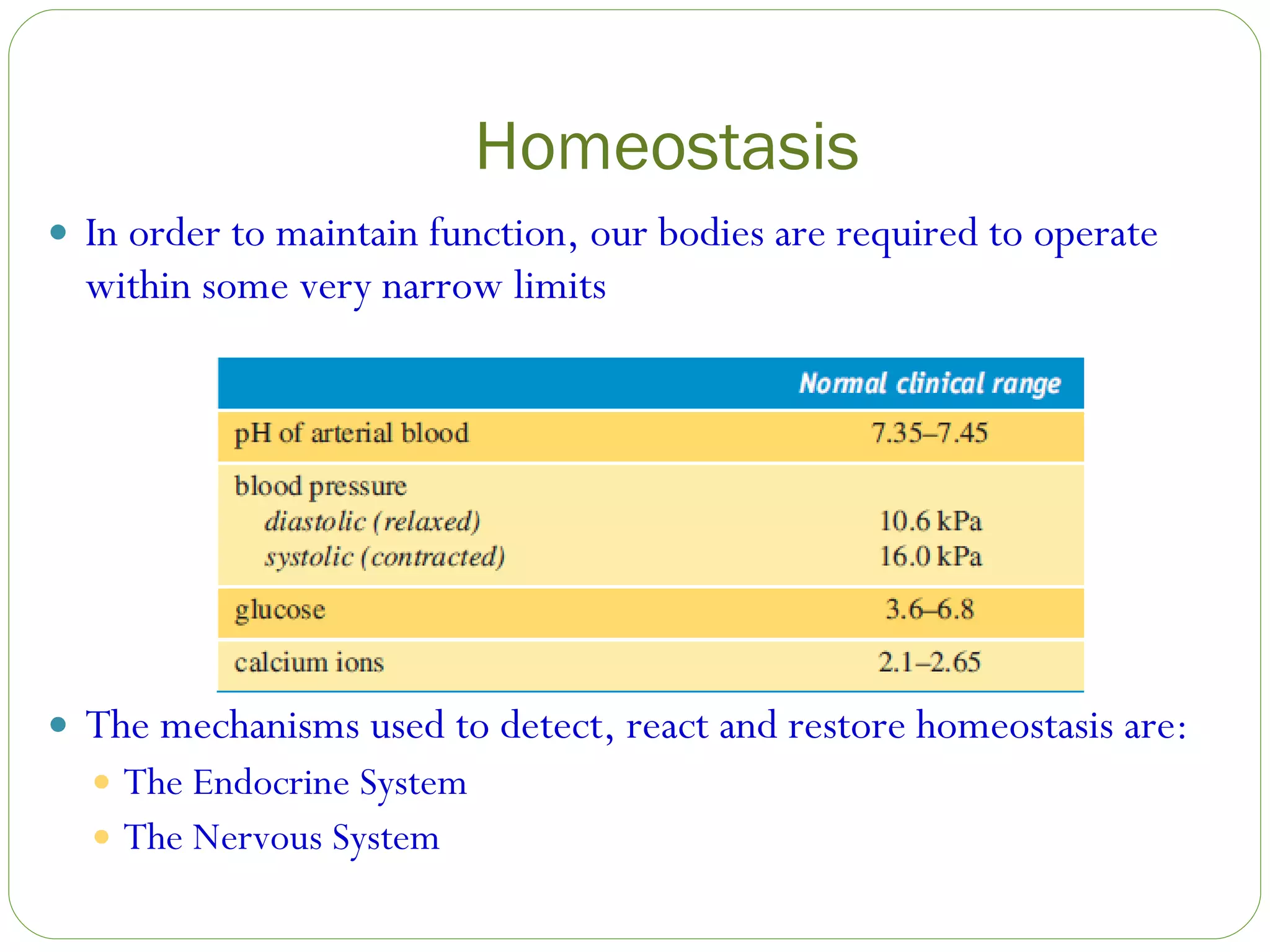 Homeostasis In order to maintain function, our bodies are required to operate within some very narrow limits The mechanisms used to detect, react and restore homeostasis are: The Endocrine System The Nervous System 