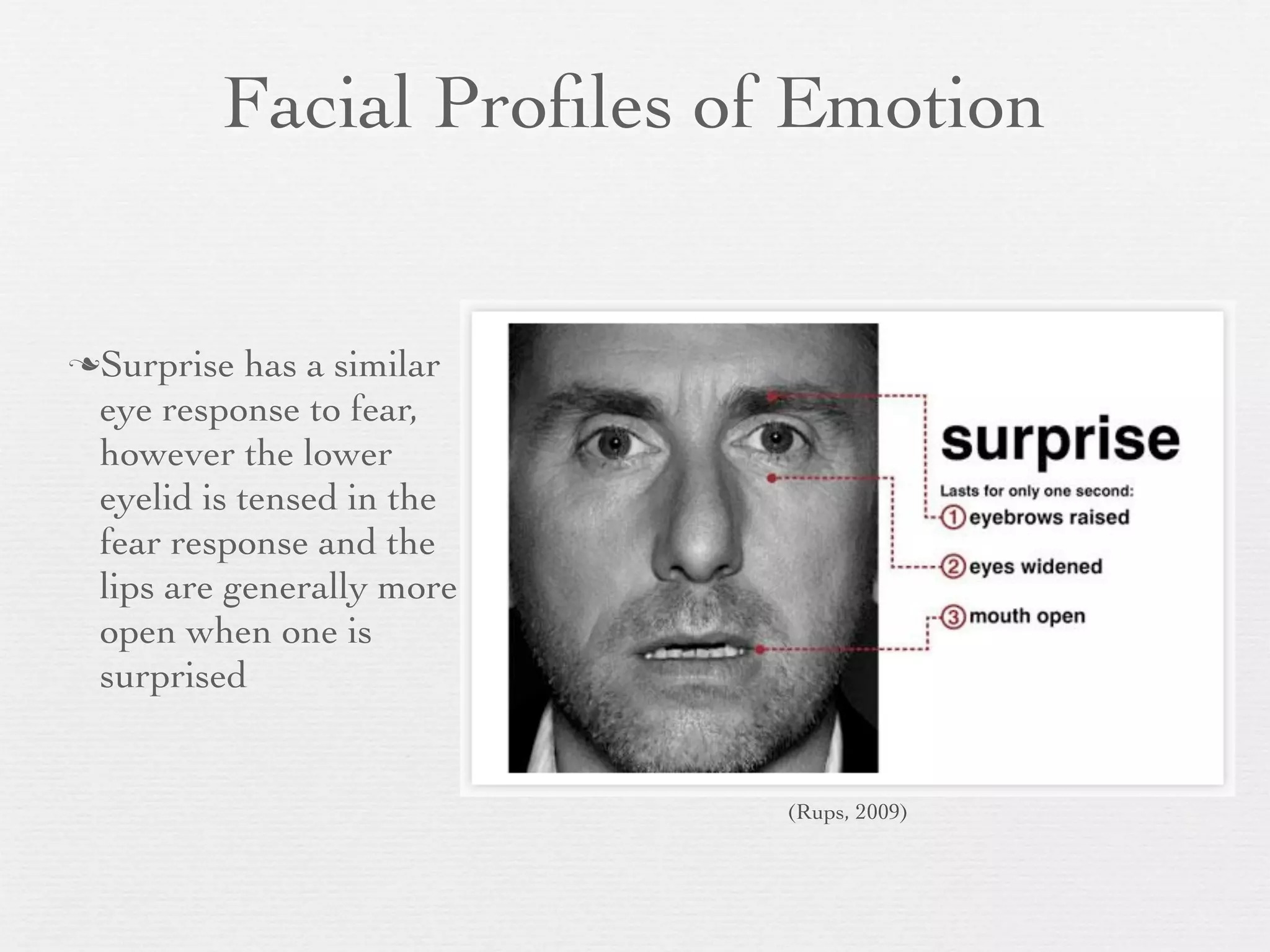 Facial Proﬁles of Emotion


Surprise   has a similar
 eye response to fear,
 however the lower
 eyelid is tensed in the
 fear response and the
 lips are generally more
 open when one is
 surprised


                            (Rups, 2009)
 