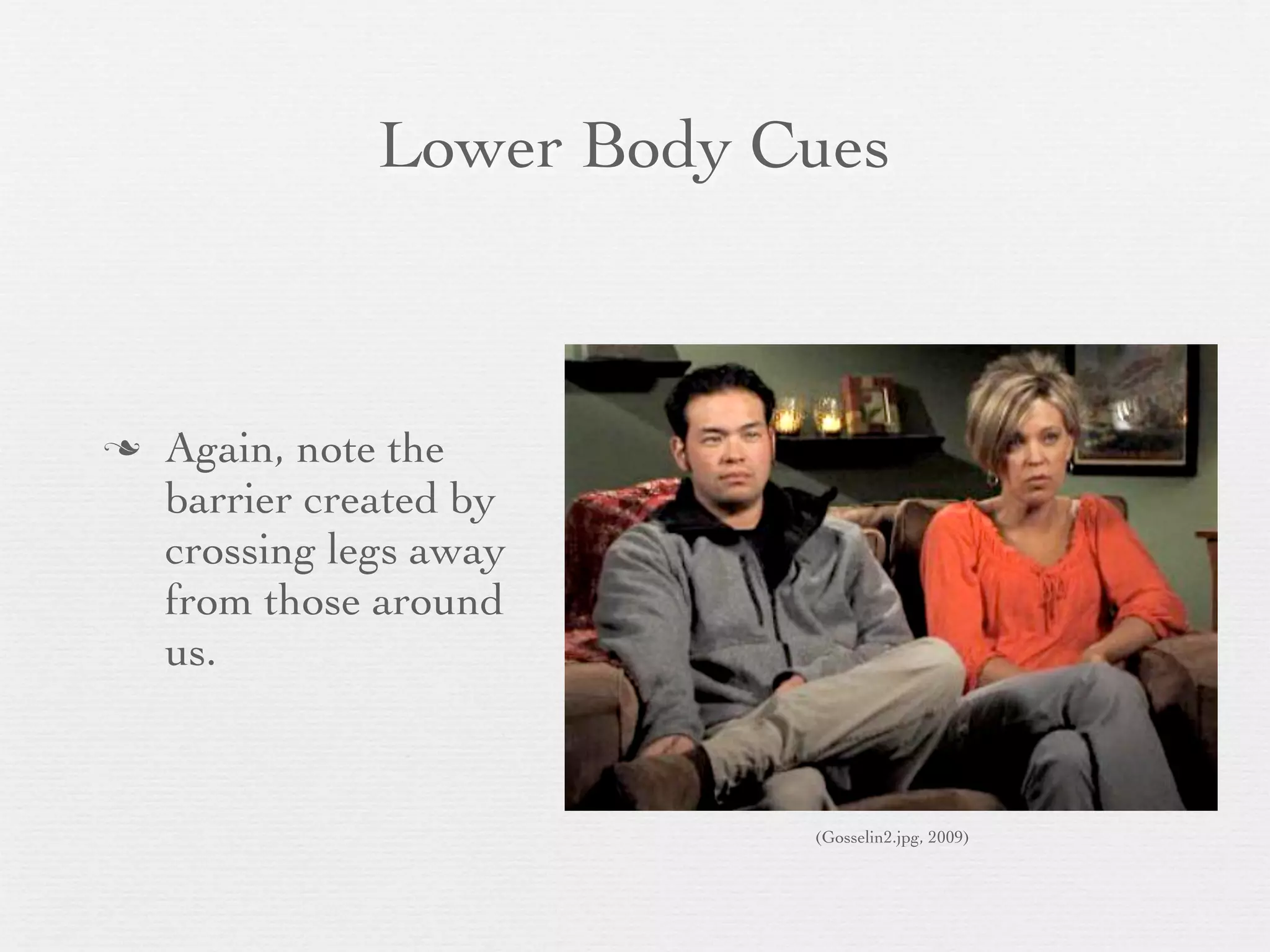 Lower Body Cues



   Again, note the
    barrier created by
    crossing legs away
    from those around
    us.



                           (Gosselin2.jpg, 2009)
 