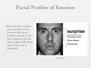 Facial Proﬁles of Emotion


Surprise   has a similar
 eye response to fear,
 however the lower
 eyelid is tensed in the
 fear response and the
 lips are generally more
 open when one is
 surprised


                            (Rups, 2009)
 