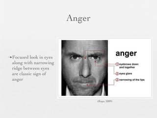 Anger


Focused   look in eyes
 along with narrowing
 ridge between eyes
 are classic sign of
 anger



                                  (Rups, 2009)
 