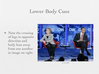 Lower Body Cues


   Note the crossing
    of legs in opposite
    direction and
    body lean away
    from one another
    in image on right.

                               (CNN, 2008)
 