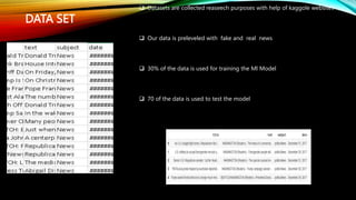 DATA SET
 Datasets are collected reaseech purposes with help of kaggole websites
 Our data is preleveled with fake and real news
 30% of the data is used for training the Ml Model
 70 of the data is used to test the model
 