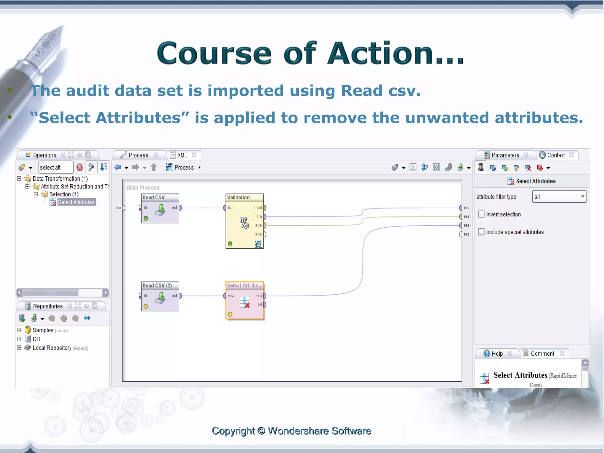 •

The audit data set is imported using Read csv.

•

“Select Attributes” is applied to remove the unwanted attributes.

Copyright © Wondershare Software

 