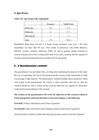 4- Age Group:
Table (11): Age Group of the respondents
Frequency

Valid Percent

20-30 years

106

62. 4

30-40 years

61

35. 9

More than 40

3

1. 8

170

100. 0

Total

Remarkable thing about Jawwal, it is being Young institution, since just 1. 8% from
respondents are more than 40 year,. This results in harmonize with, Robb Mattison,
GRAPA, revenue assurance (Mattison, 2009), he said in general, people involved in
revenue assurance have been working from three to ten years, meaning that the majority of
revenue assurance professionals are in mid20s mid 30s age group.

5 . 2 Questionnaire content:
The questionnaire was provided with a covering letter explaining the purpose of the study,
the way of responding, the aim of the research and the security of the information in order
to encourage a high response. The questionnaire included multiple choice questions: which
used widely in the questionnaire, the variety in these questions aims first to meet the
research objectives, and to collect all the necessary data that can support the discussion,
results and recommendations in the research.
The sections in the questionnaire will verify the objectives in this research related to
fraud management and fraud detection at Jawwal Company as the following:
First field: Primary information consist from 4 questions
Second field: Gaps-motivations-cracks leading to fraud consist from 36 questions
And all questions related to ordinal data and each question consists from four categories.

100

 