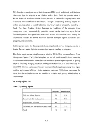 38% from the respondents agreed that the current FMS, needs update and modifications,
this means that the program is not efficient tool to detect fraud, the program name is
Secure Wave™ is an ad-hoc solution that allows users to set intuitive language based rules
to monitor fraud conditions in the network. Through a self-learning profiling engine, the
system generates alerts to identify abnormal behavior, which in turn can be indicative of
fraud. The Case Tracking System becomes the backbone of the company fraud
management center. It automatically quantifies averted loss by fraud center agent derived
from rating tables. The system then stores and records all fraudulent cases, making the
information available for reports based on account managers, agents, customers, case
categories, and summaries.
But the current status for the program is there are gabs and Jawwal Company decided to
deleted the users access for it, the company in process to purchase new system.
The above results agrees with (Commverg solution, 2010), Most operators have a Fraud
Management System (FMS) already in place but are still unable to tackle fraud losses due
to inflexibility and too much dependency on the vendor preventing the operator to quickly
adapt to constantly changing fraudulent and legitimate behaviors. It is crucial to adapt the
latest FMS detection techniques which are more capable of stopping emerging fraud types,
enabling an increased efficiency in the detection processes. FMS should incorporate the
latest detection technologies that are capable of evolving and quickly apprehending to
those changes.
24. Billing reports are:

Table (38): Billing reports
Frequency

Valid Percent

Main tool to fraud detection

30

17. 6

Supportive tool to fraud detection

80

47. 1

Supportive but not useful

48

28. 2

Not reliable tool to depend on to detect fraud

12

7. 1

Total

170

100. 0

125

 