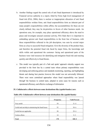 b. Another findings regard the central role of anti fraud department is introduced by
Financial service authority in a report, tilted by Firms high level management of
fraud risk (FSA, 2006), there is unclear or inappropriate allocation of anti fraud
responsibilities writhen firms, anti fraud responsibilities form an inherent part of
many people's responsibilities within affirm, but accountabilities for these are not
clearly defined, they may be de-priorities in favors of other business needs. An
operations area, for example, may place operational efficiency above the need to
pause and investigate unusual customer activity, FSA finds that it is important to
embedding spiciest anti fraud responsibilities in the front line of business, with
these responsibilities reflected in the job description, was seen by several major
firms as a key to successful fraud mitigation. Givn the diversity of the product base,
and therefore the potential fraud risk faced by major firms, the knowledge and
skills within and operational the customer- facing and operational parts of the
business were vital resources for identifying and mitigation fraud risk and reacting
quickly and effectively to fraud threats.
c. This model was typically part of a 'hub and spoke' approach whereby support was
provided to the front line by a central team whose primary responsibilities were
developing and enforcing polices and standards monitoring, reporting, and highlighting
threats and sharing best practice however this model was not universally followed.
There were more centralized approaches where fraud responsibility was 'passed
through' the business to central team, adopted in some cases for reasons such as
operational efficiency, and effective exchange of information
35. Collaborative efforts between some destinations like (epaltel-banks-) are:

Table (49): Collaborative efforts between some destinations like (epaltel-banks)
Frequency

Valid Percent

Very useful

54

31. 8

Useful and can help in minimizing the fraud losses

52

30. 6

Useful but not applicable

50

29. 4

Useless efforts

14

8. 2

Total

170

100. 0

134

 