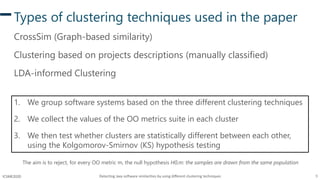 Detecting Java software similarities by using different clustering techniques 9ICSME2020
Types of clustering techniques us...