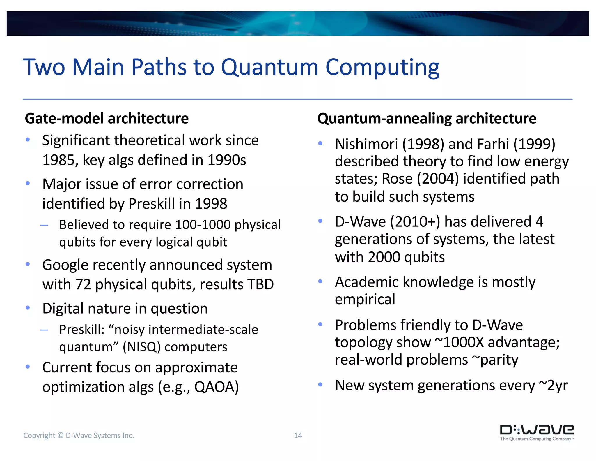 Copyright © D-Wave Systems Inc. 14
Two Main Paths to Quantum Computing
Gate-model architecture
• Significant theoretical work since
1985, key algs defined in 1990s
• Major issue of error correction
identified by Preskill in 1998
– Believed to require 100-1000 physical
qubits for every logical qubit
• Google recently announced system
with 72 physical qubits, results TBD
• Digital nature in question
– Preskill: “noisy intermediate-scale
quantum” (NISQ) computers
• Current focus on approximate
optimization algs (e.g., QAOA)
Quantum-annealing architecture
• Nishimori (1998) and Farhi (1999)
described theory to find low energy
states; Rose (2004) identified path
to build such systems
• D-Wave (2010+) has delivered 4
generations of systems, the latest
with 2000 qubits
• Academic knowledge is mostly
empirical
• Problems friendly to D-Wave
topology show ~1000X advantage;
real-world problems ~parity
• New system generations every ~2yr
 