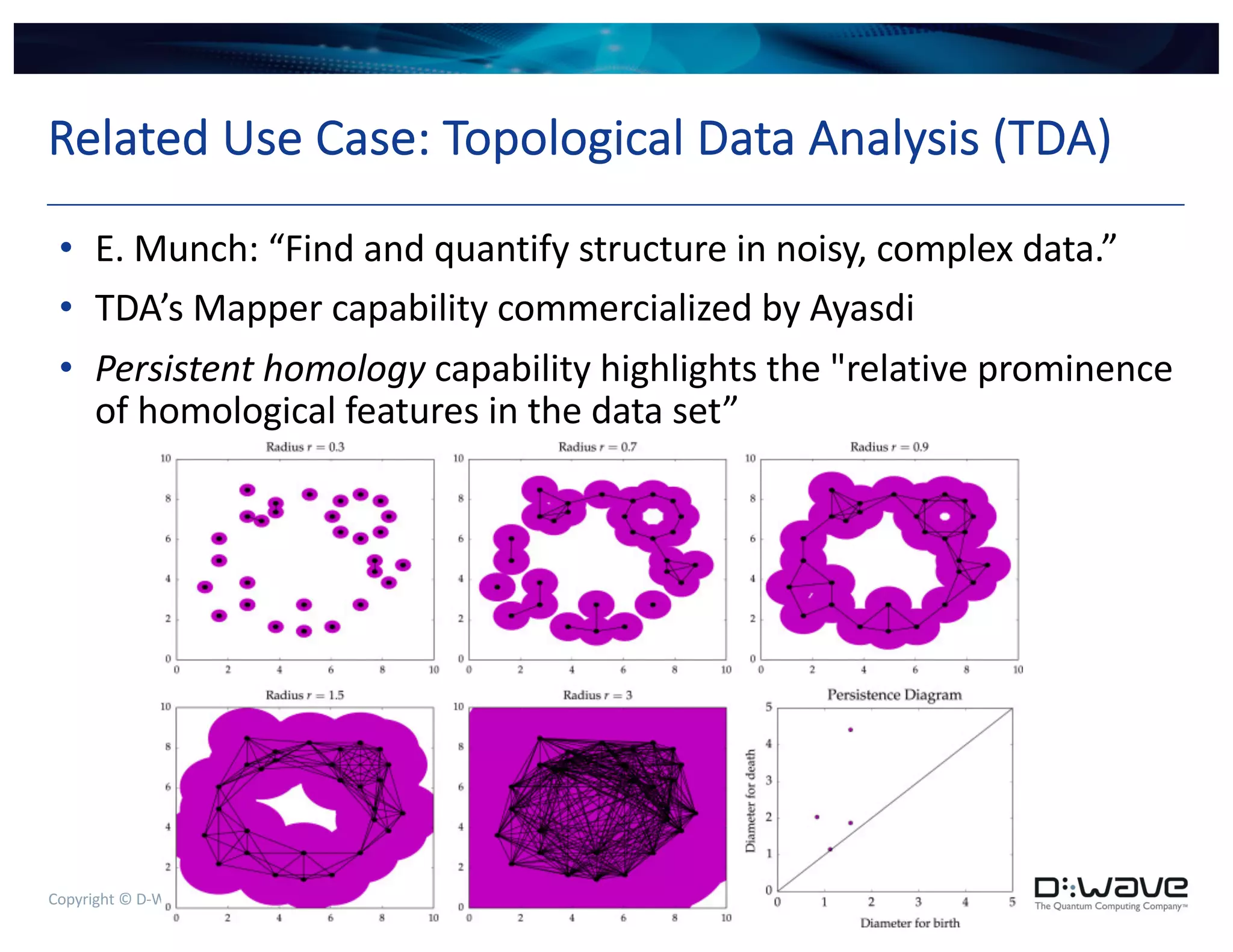 Copyright © D-Wave Systems Inc. 28
Related Use Case: Topological Data Analysis (TDA)
• E. Munch: “Find and quantify structure in noisy, complex data.”
• TDA’s Mapper capability commercialized by Ayasdi
• Persistent homology capability highlights the "relative prominence
of homological features in the data set”
 