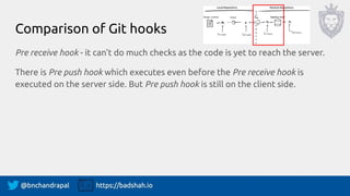 Comparison of Git hooks
Post receive hook - runs on the server side.
Advantages:
● Can be conﬁgured for no delay when user...