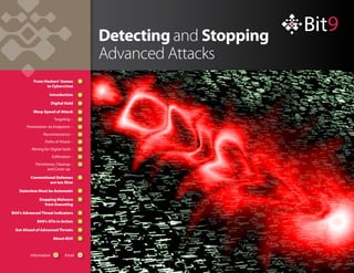 Detecting and Stopping
Advanced Attacks
From Hackers’Games
to Cybercrime
Introduction
Digital Gold
Warp Speed of Attack
Targeting –
Penetration via Endpoints –
Reconnaissance –
Paths of Attack –
Mining for Digital Gold –
Exfiltration –
Persistence, Cleanup –
and Cover-up
Conventional Defenses
are too Slow
Detection Must be Automatic
Stopping Malware
from Executing
Bit9’s Advanced Threat Indicators
Bit9’s ATIs in Action
Get Ahead of Advanced Threats
About Bit9
Information Email
 