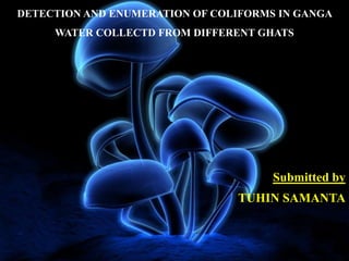 DETECTION AND ENUMERATION OF COLIFORMS IN GANGA
WATER COLLECTD FROM DIFFERENT GHATS
Submitted by
TUHIN SAMANTA
 