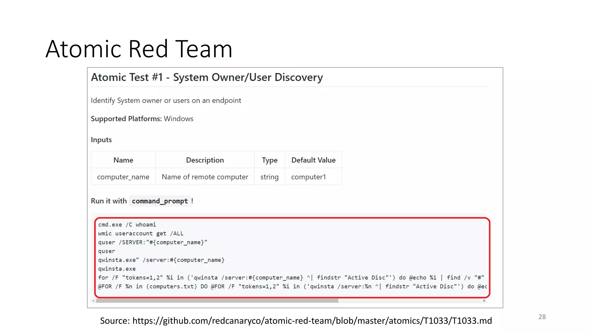 Atomic Red Team
Source: https://github.com/redcanaryco/atomic-red-team/blob/master/atomics/T1033/T1033.md 28
 