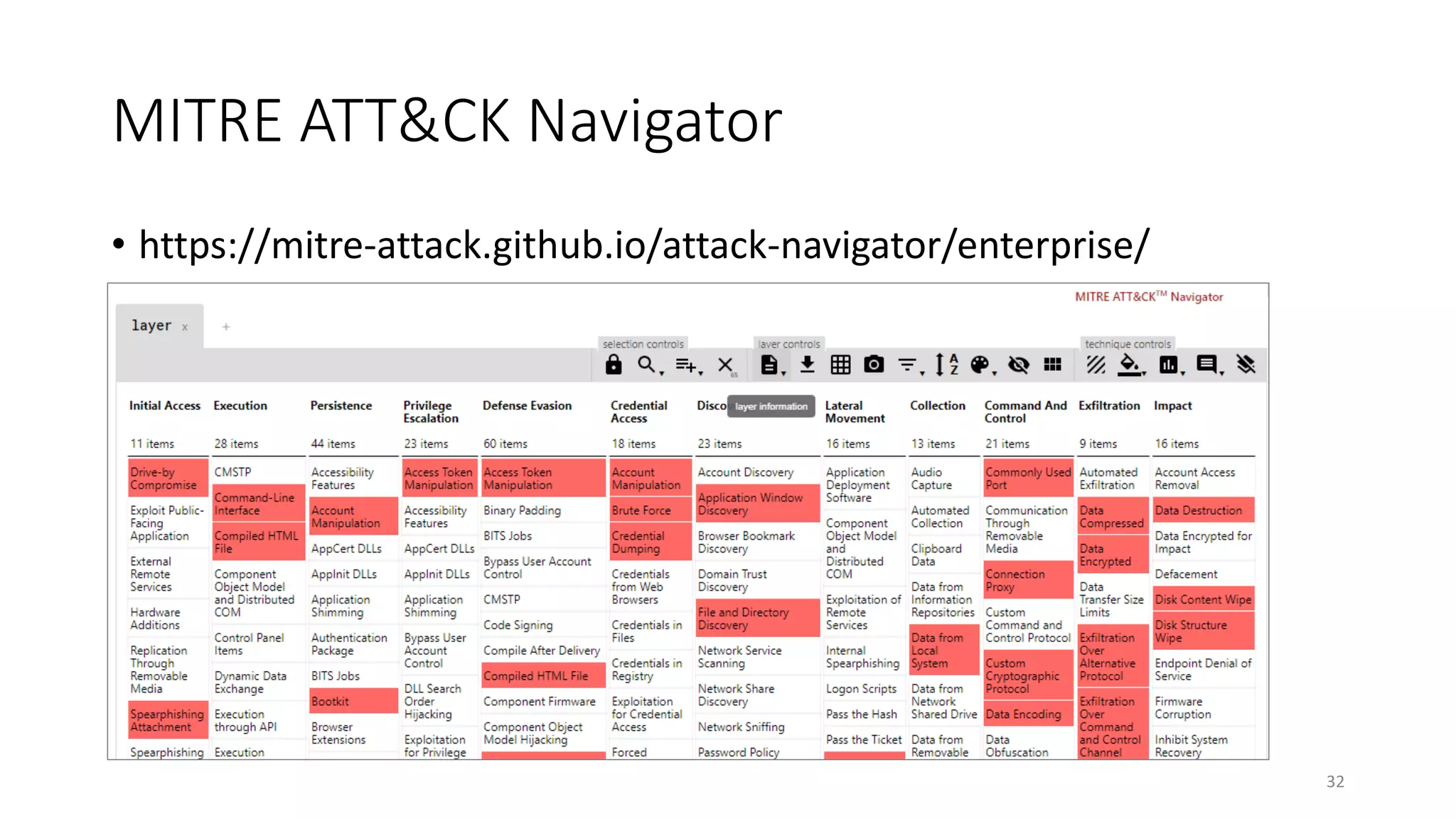 MITRE ATT&CK Navigator
• https://mitre-attack.github.io/attack-navigator/enterprise/
32
 