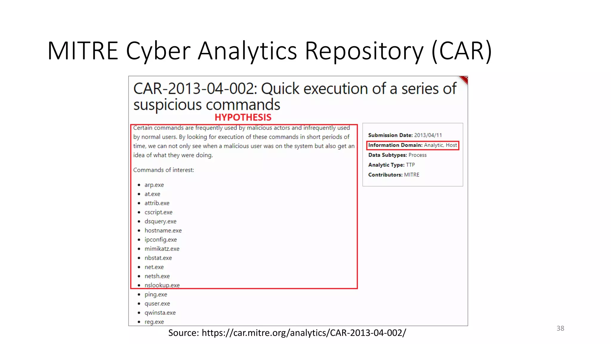 MITRE Cyber Analytics Repository (CAR)
38
Source: https://car.mitre.org/analytics/CAR-2013-04-002/
 