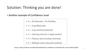 Solution: Thinking you are done!
• Another example of Confidence Level
57
Source: https://medium.com/@visiblerisk/detection-confidence-a-framework-for-success-d6cf1aa1638
 