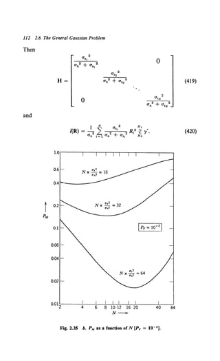 112 2.6 The General Gaussian Problem
Then
and
i
H=
a 2
.,
0
I N a 2 H,
/(R) = -2 L 2 •• 2 Rt2 ~ y'.
an t=l an +a,, Ho
N -
0
Fig. 2.35 b. PM as a function of N [PF = t0- 2 ].
(419)
(420)
 