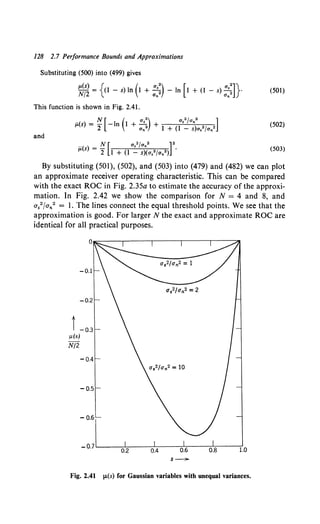 128 2.7 Performance Bounds and Approximations
Substituting (500) into (499) gives
- = (1 - s) In 1 + __!.._ - In 1 + (l - s) ....!.. •
,.(s) { ( a •) [ a •]}
N/2 a.• a.•
This function is shown in Fig. 2.41.
and
N [ ( a 2
) a"/a 2 ]
p.(s) = 2 -In l + a:• + 1 + (1 '_ ;)a,•fa.•
.. N [ a."fa.• ]2
IL(s) = 2 1 + (1 - s)(a."/a.2 ) •
(501)
(502)
(503)
By substituting (501), (502), and (503) into (479) and (482) we can plot
an approximate receiver operating characteristic. This can be compared
with the exact ROC in Fig. 2.35a to estimate the accuracy of the approxi-
mation. In Fig. 2.42 we show the comparison for N = 4 and 8, and
a//a112 = 1. The lines connect the equal threshold points. We see that the
approximation is good. For larger N the exact and approximate ROC are
identical for all practical purposes.
t-0.3
!J.(S)
N/2
s -
Fig. 2.41 !J.(s) for Gaussian variables with unequal variances.
 