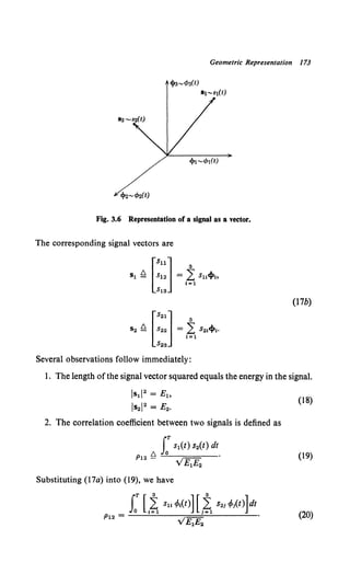 Geometric Representation 173
cpa~cf>a(t)
St~st(t)
Fig. 3.6 Representation of a signal as a vector.
The corresponding signal vectors are
Several observations follow immediately:
(17b)
1. The length ofthe signal vector squared equals the energy in the signal.
!s1!2= Eh
ls2l2 = E2.
2. The correlation coefficient between two signals is defined as
rT S1(t) S2(t) dt
/';.:::..Jo~----
Pl2 -- VE1E2 .
Substituting (17a) into (19), we have
P12 =
J: L~ Su ~~(t)] L~ S21 ~it)]dt
VE1E2
(18)
(19)
(20)
 
