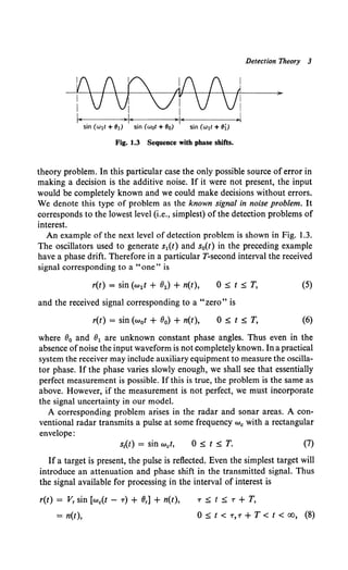 Detection Theory 3
If ( r J[ [ J
i7 A~i VVI
I• ~I
sin (Wit + BI) sin (wot + Bo) sin (Wit + Bj)
Fig. 1.3 Sequence with phase shifts.
theory problem. In this particular case the only possible source oferror in
making a decision is the additive noise. If it were not present, the input
would be completely known and we could make decisions without errors.
We denote this type of problem as the known signal in noise problem. It
corresponds to the lowest level (i.e., simplest) of the detection problems of
interest.
An example of the next level of detection problem is shown in Fig. 1.3.
The oscillators used to generate s1(t) and s0{t) in the preceding example
have a phase drift. Therefore in a particular T-second interval the received
signal corresponding to a "one " is
(5)
and the received signal corresponding to a "zero" is
r(t) = sin (w0 t + 90) + n(t), (6)
where 90 and 91 are unknown constant phase angles. Thus even in the
absence ofnoise the input waveform is not completely known. In a practical
system the receiver may include auxiliary equipment to measure the oscilla-
tor phase. If the phase varies slowly enough, we shall see that essentially
perfect measurement is possible. If this is true, the problem is the same as
above. However, if the measurement is not perfect, we must incorporate
the signal uncertainty in our model.
A corresponding problem arises in the radar and sonar areas. A con-
ventional radar transmits a pulse at some frequency we with a rectangular
envelope:
s1(t) = sin wet, (7)
If a target is present, the pulse is reflected. Even the simplest target will
introduce an attenuation and phase shift in the transmitted signal. Thus
the signal available for processing in the interval of interest is
r(t) = V, sin [we(t - T) + 8,] + n(t),
= n(t),
7' s; t s; 7' + T,
0 s; t < T, -r + T < t < oo, (8)
 