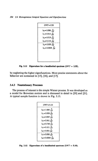 194 3.4 Homogeneous Integral Equations and Eigenfunctions
2WT=2.55
>-o=0.996 2~
>.1=0.912 2~
>.2=0.519 2~
>.a=O.llO 2~
- - - - ___p___ _
A4=0.009 2W
>-s = 0.0004 2"w
Fig. 3.11 Eigenvalues for a bandlimited spectrum (lWT = 1.55).
by neglecting the higher eigenfunctions. More precise statements about the
behavior are contained in [15], [16], and [17].
3.4.3 Nonstationary Processes
The process of interest is the simple Wiener process. It was developed as
a model for Brownian motion and is discussed in detail in [20] and [21].
A typical sample function is shown in Fig. 3.13.
2WT=5.10
p
>.o=l.OOO 2w
p
Al=0.999 2W
p
A2=0.997 2W
>.a=0.961 2~
>.4 =0.748 2"w
>.s = 0.321 2"w
>.6=0.061 2~
--x~:Oo6 ?w----
>.s=0.0004 iw
Fig. 3.12 Eigenvalues of a bandlimited spectrum (2WT = 5.10).
 