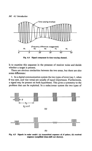 242 4.1 Introduction
- 1me-varymg enve ope
/'
~ :-
___ .....
T'

'"" '
LY-
u -.1.;
''-....
!,...--
_y
(Frequency differences exaggerated)
WO WO Wl
Fig. 4.4 Signal component in time-varying channel.
is to examine this sequence in the presence of receiver noise and decide
whether a target is present.
There are obvious similarities between the two areas, but there are also
some differences :
l. In a digital communication system the two types oferror (say 1, when
0 was sent, and vice versa) are usually of equal importance. Furthermore,
a signal may be present on both hypotheses. This gives a symmetry to the
problem that can be exploited. In a radar/sonar system the two types of
(a)
(b)
Fig. 4.5 Signals in radar model: (a) transmitted sequence of rf pulses; (b) received
sequence [amplified (time-shift not shown)].
 
