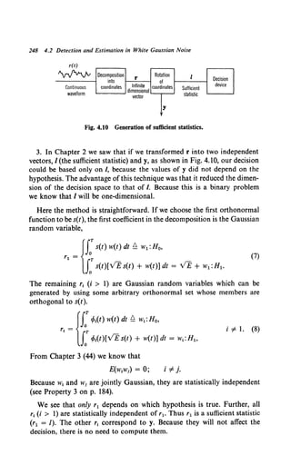 248 4.2 Detection and Estimation in White Gaussian Noise
r(t)
tyVVvv Decomposition r Rotation l Decision
into of
Continuous coordinates Infinite coordinates Sufficient
device
dimensional
waveform
vector statistic
y
Fig. 4.10 Generation of sufficient statistics.
3. In Chapter 2 we saw that if we transformed r into two independent
vectors, I (the sufficient statistic) and y, as shown in Fig. 4.10, our decision
could be based only on I, because the values of y did not depend on the
hypothesis. The advantage ofthis technique was that it reduced the dimen-
sion of the decision space to that of I. Because this is a binary problem
we know that I will be one-dimensional.
Here the method is straightforward. If we choose the first orthonormal
function to be s(t), the first coefficient in the decomposition is the Gaussian
random variable,
{J:s(t) w(t) dt 0. w1 :H0,
r- m
1
- {Ts(t)[VE s(t) + w(t)] dt = VB + w1: H1.
The remaining r1 (i > 1) are Gaussian random variables which can be
generated by using some arbitrary orthonormal set whose members are
orthogonal to s(t).
{
LT r/J1(t) w(t) dt 0. w1:H0 ,
r1 = i =f. 1. (8)
LT rfo1(t)[VE s(t) + w(t)] dt = w1:H1 ,
From Chapter 3 (44) we know that
E(w1w1) = 0; i # j.
Because w1 and w1 are jointly Gaussian, they are statistically independent
(see Property 3 on p. 184).
We see that only r1 depends on which hypothesis is true. Further, all
r1 (i > 1) are statistically independent of r1 • Thus r1 is a sufficient statistic
(r1 = 1). The other r1 correspond to y. Because they will not affect the
decision, there is no need to compute them.
 